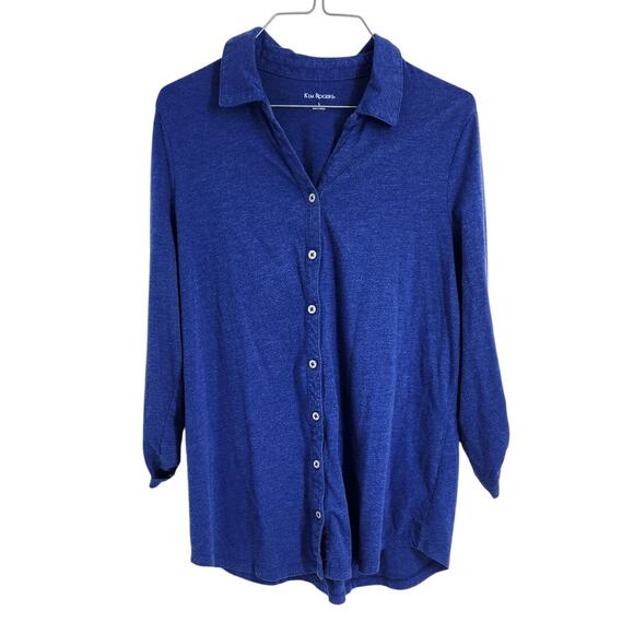 Kim Rogers Blue Roll Tab Sleeve Top Womens Size Large L - Picture 1 of 4